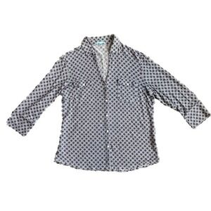 J McLaughlin Brynn 3/4 Sleeve Blouse Linen Stretch Geometric Blue Womens Large L